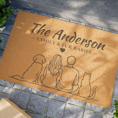 Personalized Family & Pet Welcome Mat with Dog and Cat
