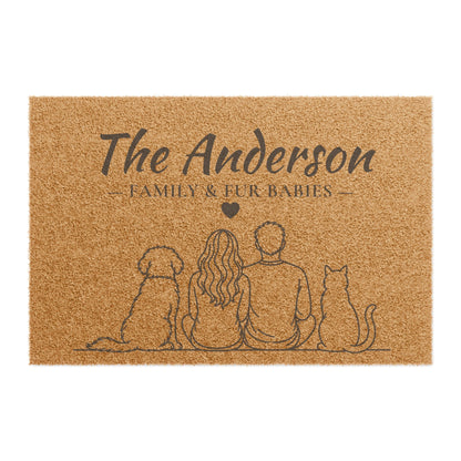 Personalized Family & Pet Welcome Mat with Dog and Cat