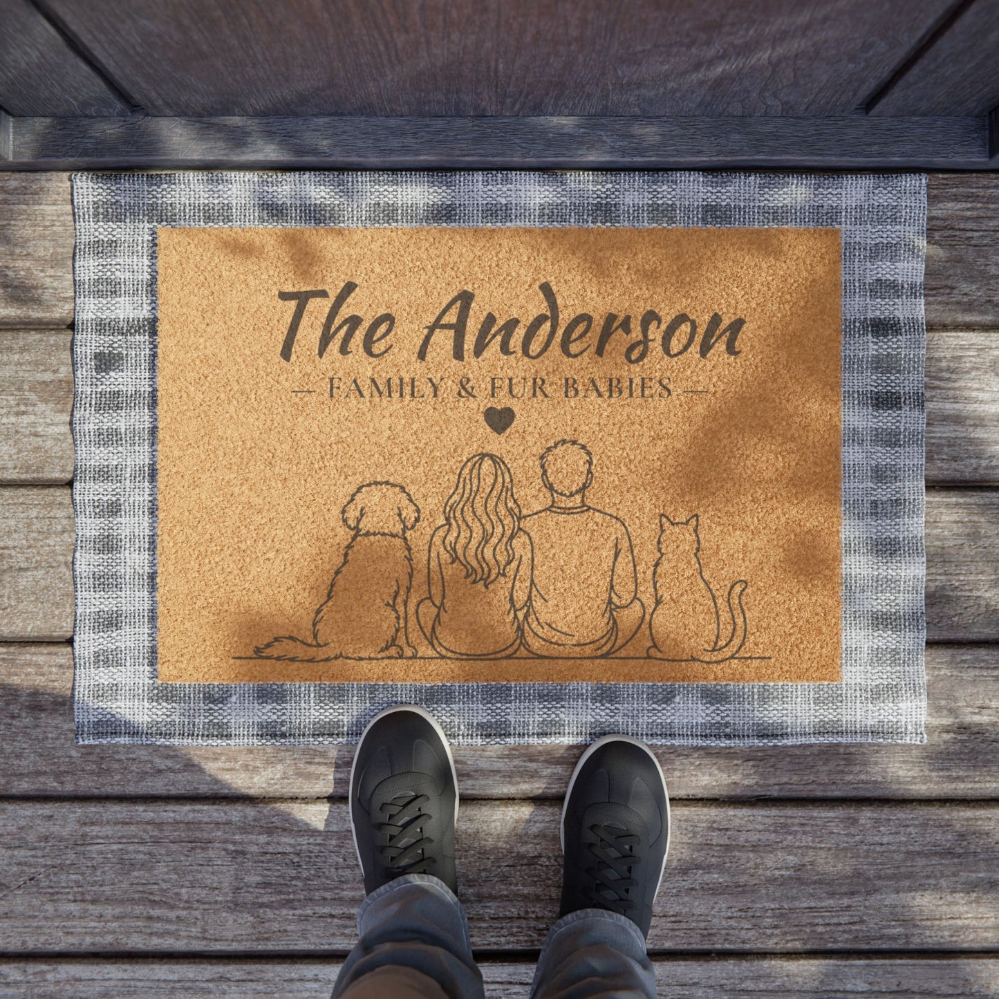 Personalized Family & Pet Welcome Mat with Dog and Cat