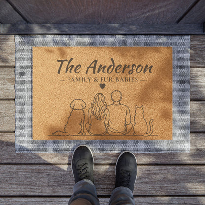 Personalized Family & Pet Welcome Mat with Dog and Cat